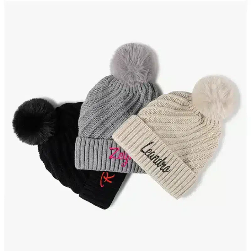 Embroidered Knit Beanie with Pompom