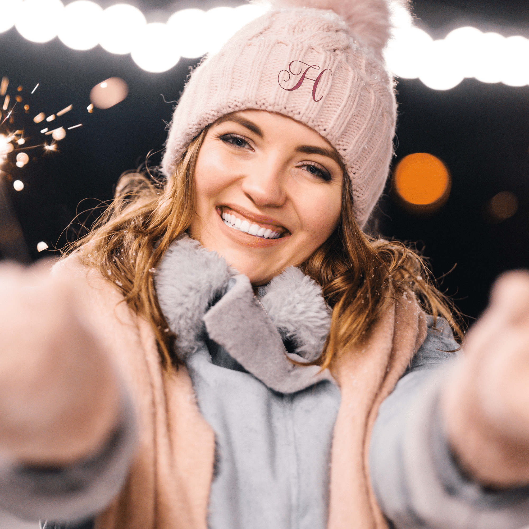 Embroidered Knit Beanie with Pompom